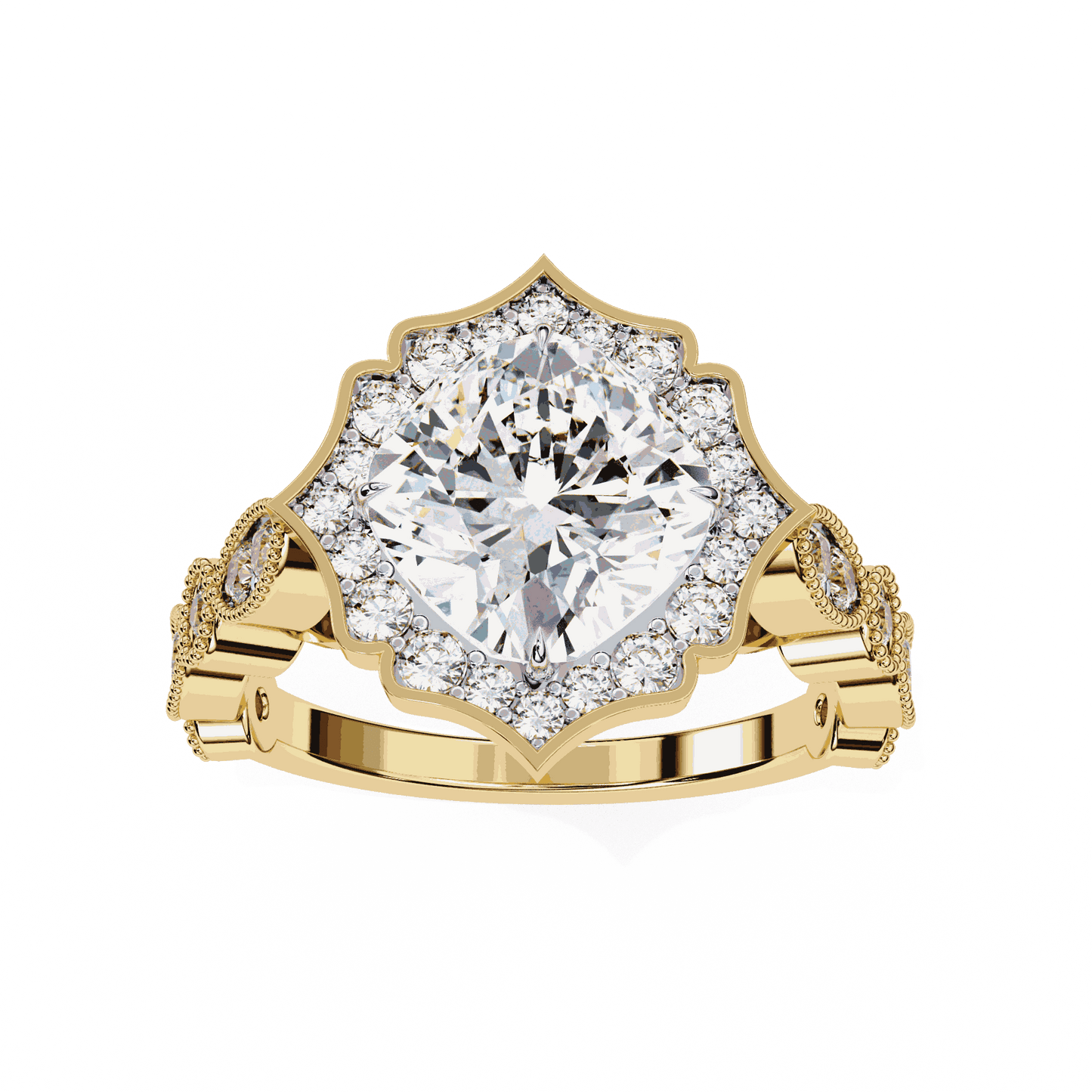 Cushion Cut Lab Grown Diamond Halo Engagement Ring with Vintage Scalloped Lotus Halo