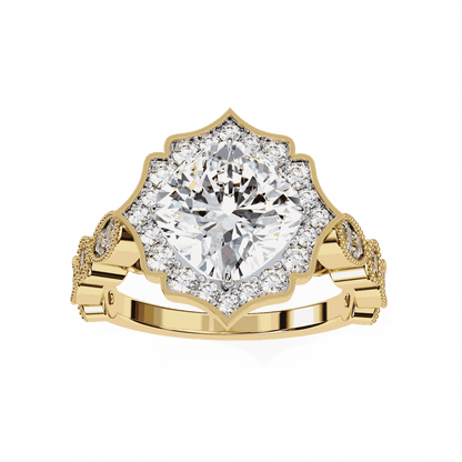 Cushion Cut Lab Grown Diamond Halo Engagement Ring with Vintage Scalloped Lotus Halo