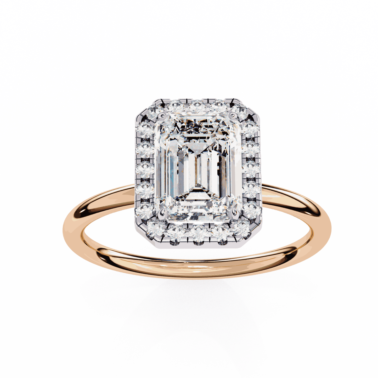 Emerald Cut Lab Grown Diamond Halo Engagement Ring with Plain Band and Four-Prong Setting