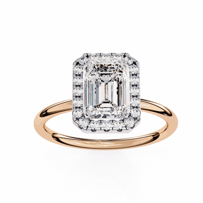 Emerald Cut Lab Grown Diamond Halo Engagement Ring with Plain Band and Four-Prong Setting