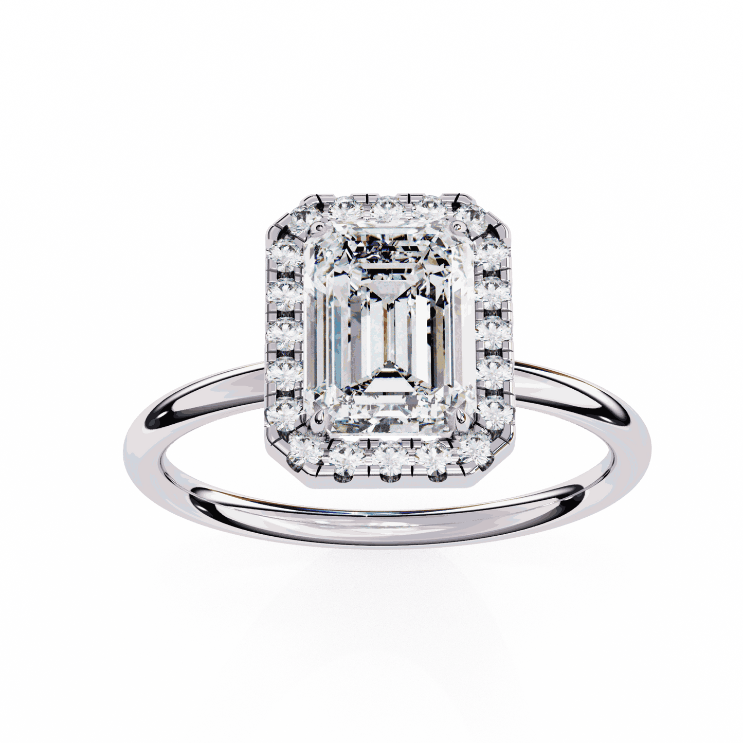 Emerald Cut Lab Grown Diamond Halo Engagement Ring with Plain Band and Four-Prong Setting