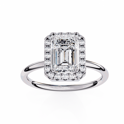 Emerald Cut Lab Grown Diamond Halo Engagement Ring with Plain Band and Four-Prong Setting