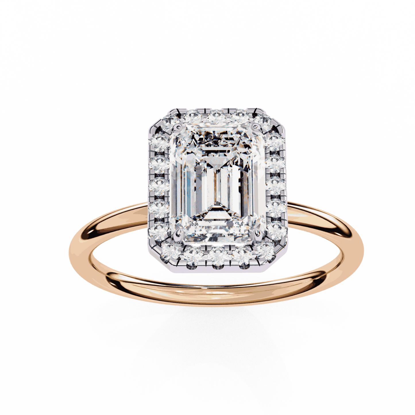 Emerald Cut Lab Grown Diamond Halo Engagement Ring with Plain Band and Four-Prong Setting