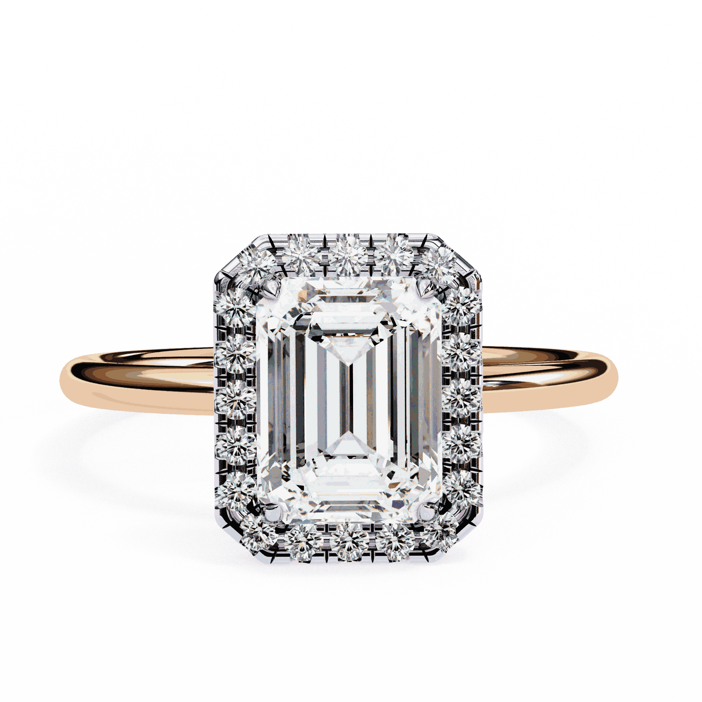 Emerald Cut Lab Grown Diamond Halo Engagement Ring with Plain Band and Four-Prong Setting