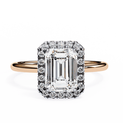 Emerald Cut Lab Grown Diamond Halo Engagement Ring with Plain Band and Four-Prong Setting
