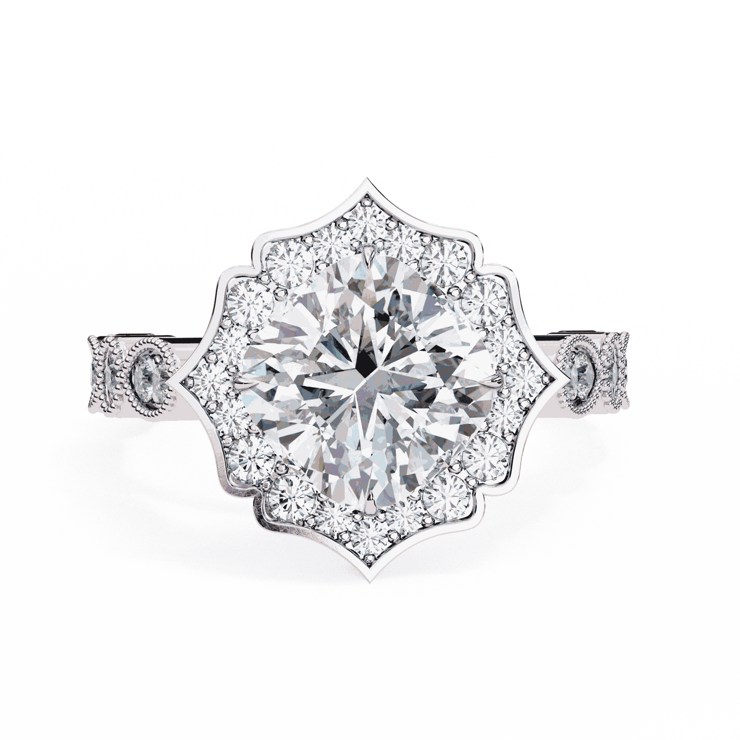 Cushion Cut Lab Grown Diamond Halo Engagement Ring with Vintage Scalloped Lotus Halo