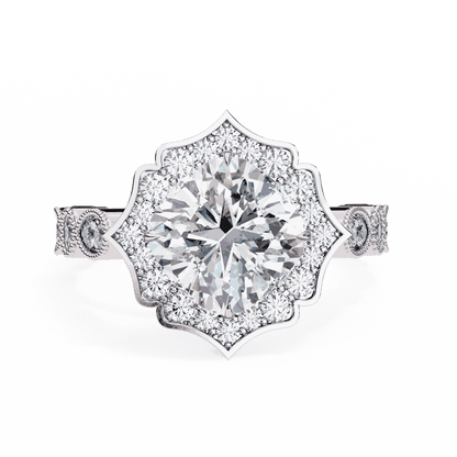 Cushion Cut Lab Grown Diamond Halo Engagement Ring with Vintage Scalloped Lotus Halo