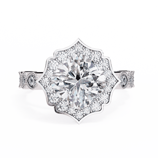 Cushion Cut Lab Grown Diamond Halo Engagement Ring with Vintage Scalloped Lotus Halo