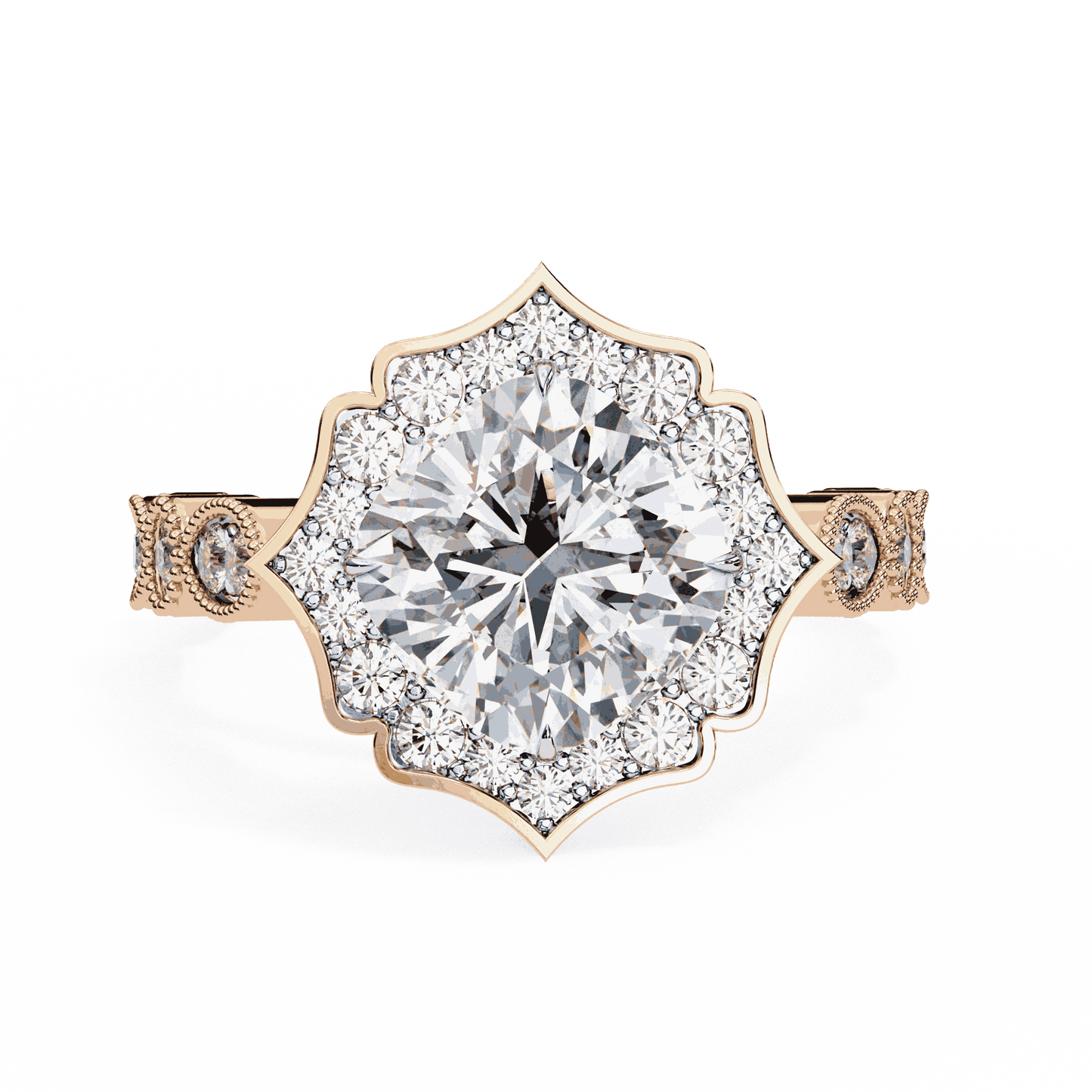Cushion Cut Lab Grown Diamond Halo Engagement Ring with Vintage Scalloped Lotus Halo