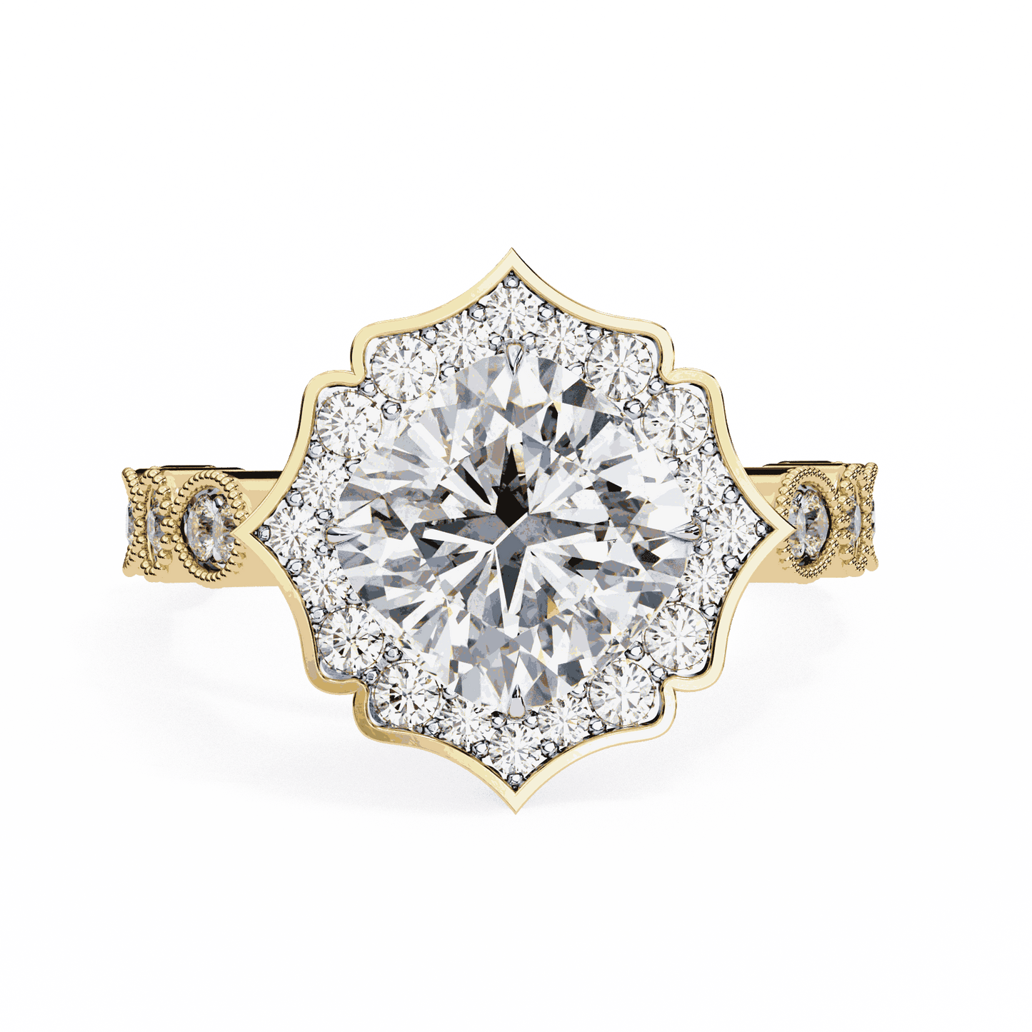 Cushion Cut Lab Grown Diamond Halo Engagement Ring with Vintage Scalloped Lotus Halo