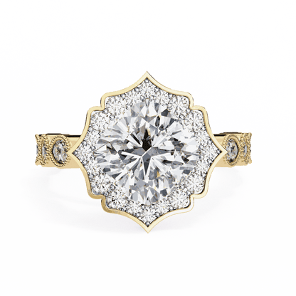 Cushion Cut Lab Grown Diamond Halo Engagement Ring with Vintage Scalloped Lotus Halo