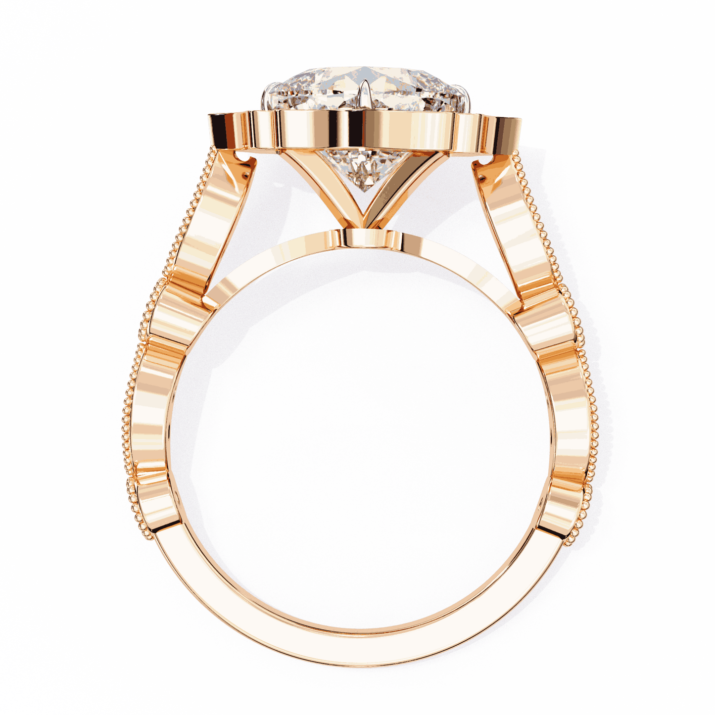 Cushion Cut Lab Grown Diamond Halo Engagement Ring with Vintage Scalloped Lotus Halo