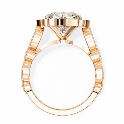 Cushion Cut Lab Grown Diamond Halo Engagement Ring with Vintage Scalloped Lotus Halo