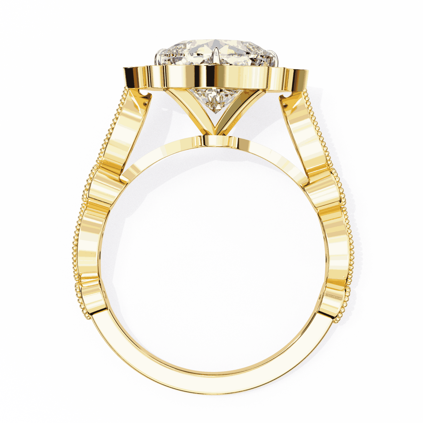 Cushion Cut Lab Grown Diamond Halo Engagement Ring with Vintage Scalloped Lotus Halo