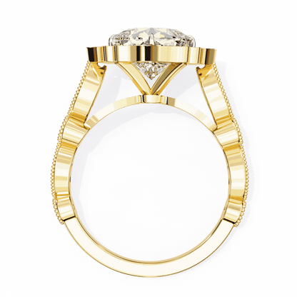 Cushion Cut Lab Grown Diamond Halo Engagement Ring with Vintage Scalloped Lotus Halo