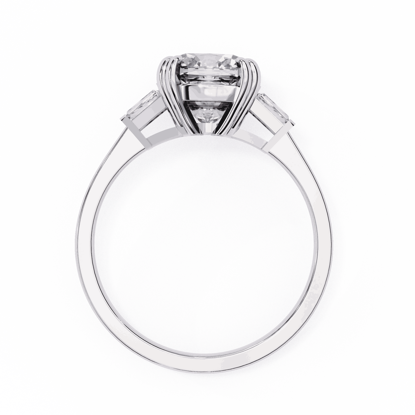 Cushion Cut Lab Grown Diamond Three Stone Engagement Ring with Tapered Baguette Sides