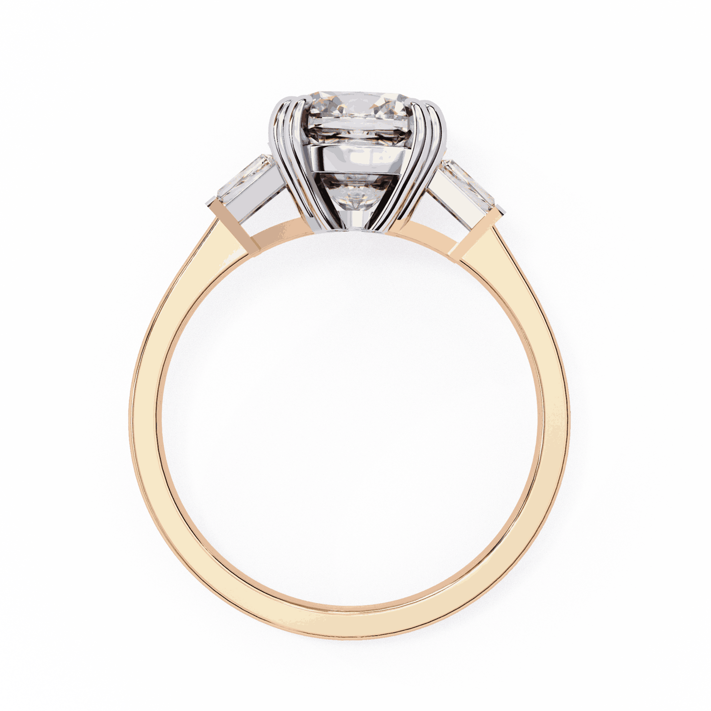 Cushion Cut Lab Grown Diamond Three Stone Engagement Ring with Tapered Baguette Sides