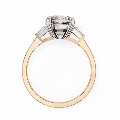 Cushion Cut Lab Grown Diamond Three Stone Engagement Ring with Tapered Baguette Sides