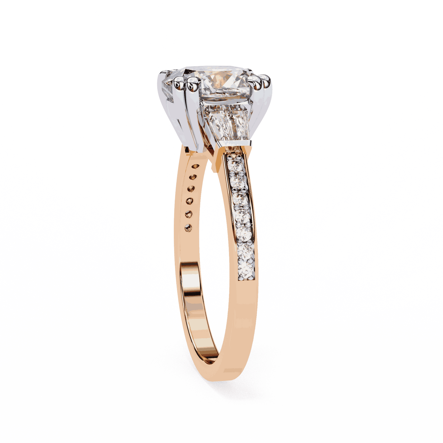 Cushion Cut Lab Grown Diamond Three Stone Engagement Ring with Tapered Baguette Sides