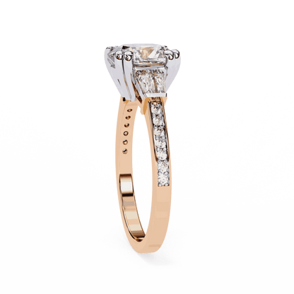 Cushion Cut Lab Grown Diamond Three Stone Engagement Ring with Tapered Baguette Sides
