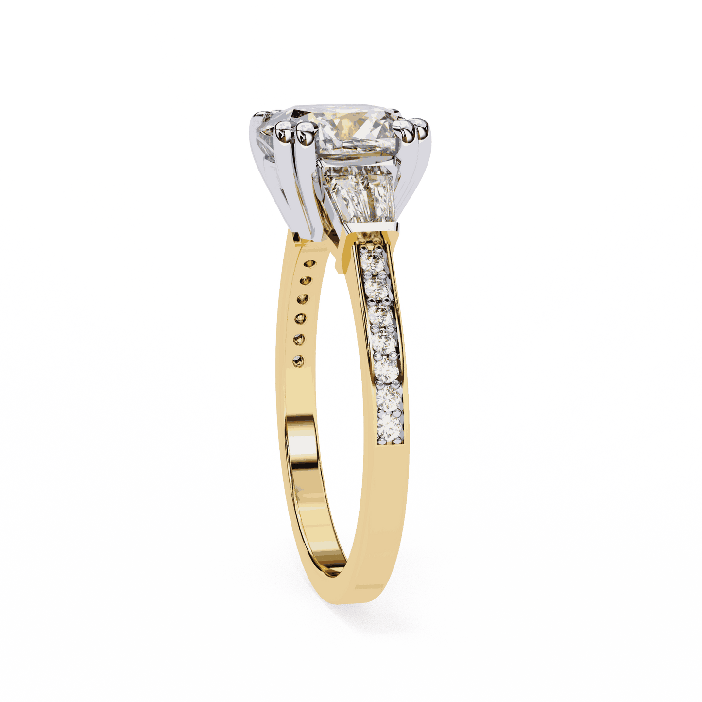 Cushion Cut Lab Grown Diamond Three Stone Engagement Ring with Tapered Baguette Sides
