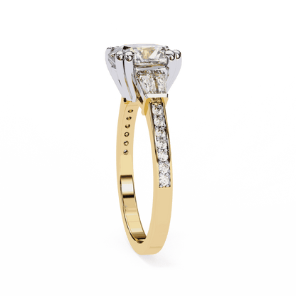 Cushion Cut Lab Grown Diamond Three Stone Engagement Ring with Tapered Baguette Sides