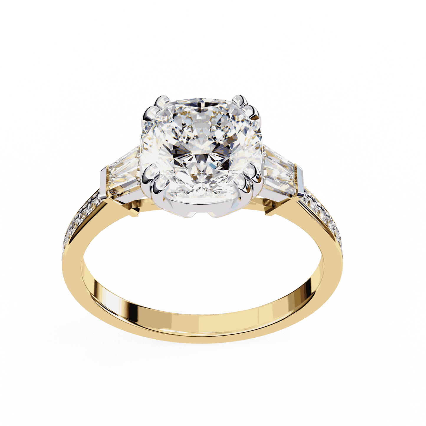 Cushion Cut Lab Grown Diamond Three Stone Engagement Ring with Tapered Baguette Sides