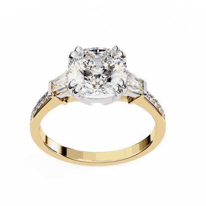 Cushion Cut Lab Grown Diamond Three Stone Engagement Ring with Tapered Baguette Sides