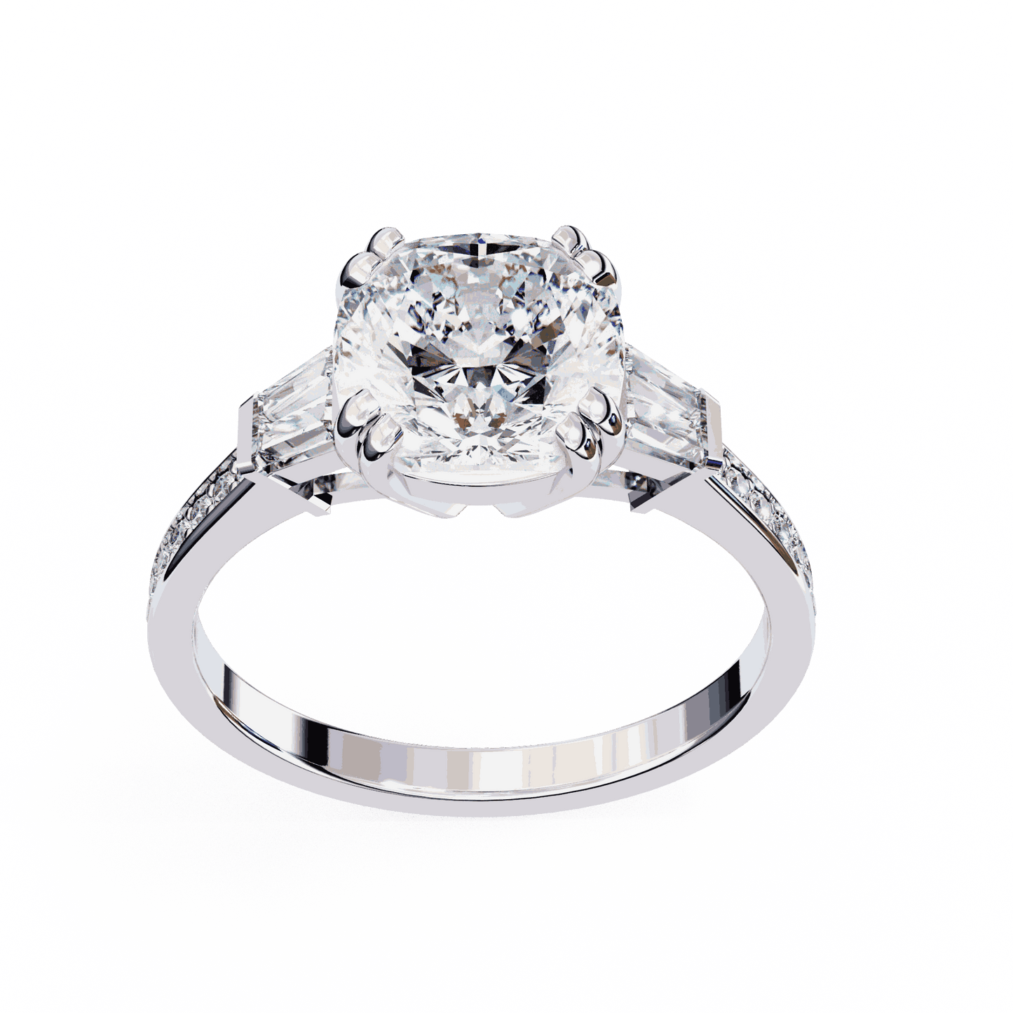 Cushion Cut Lab Grown Diamond Three Stone Engagement Ring with Tapered Baguette Sides