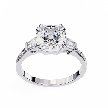 Cushion Cut Lab Grown Diamond Three Stone Engagement Ring with Tapered Baguette Sides