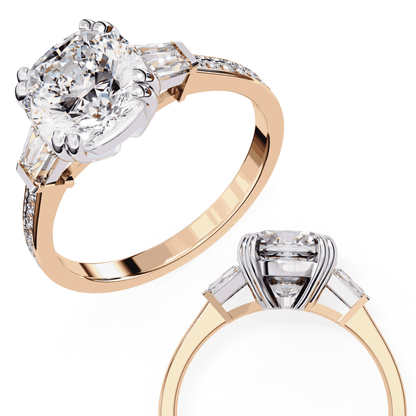 Cushion Cut Lab Grown Diamond Three Stone Engagement Ring with Tapered Baguette Sides