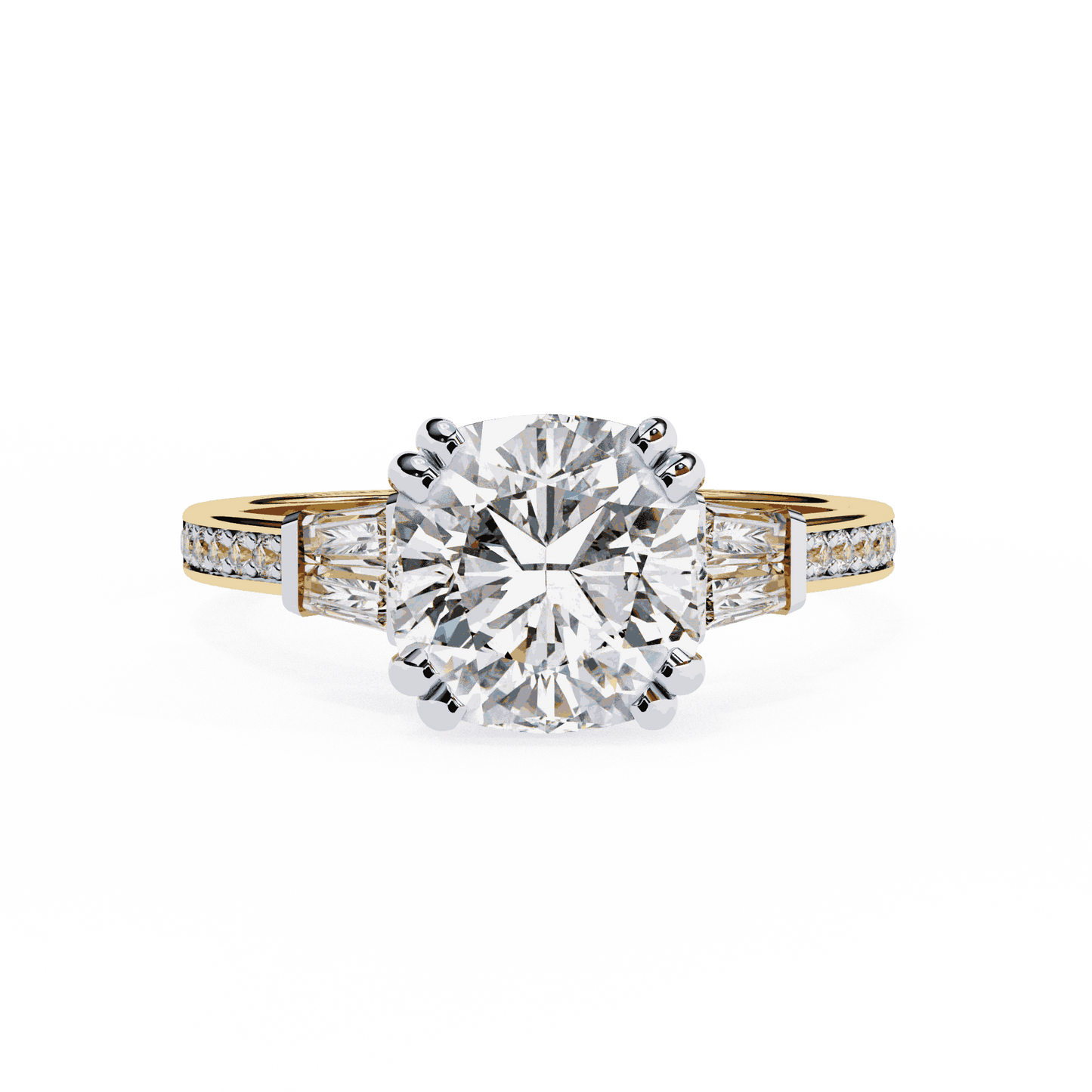Cushion Cut Lab Grown Diamond Three Stone Engagement Ring with Tapered Baguette Sides