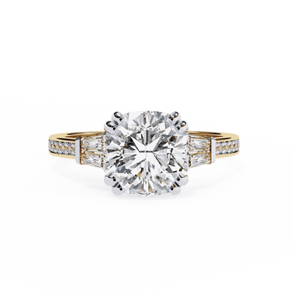 Cushion Cut Lab Grown Diamond Three Stone Engagement Ring with Tapered Baguette Sides