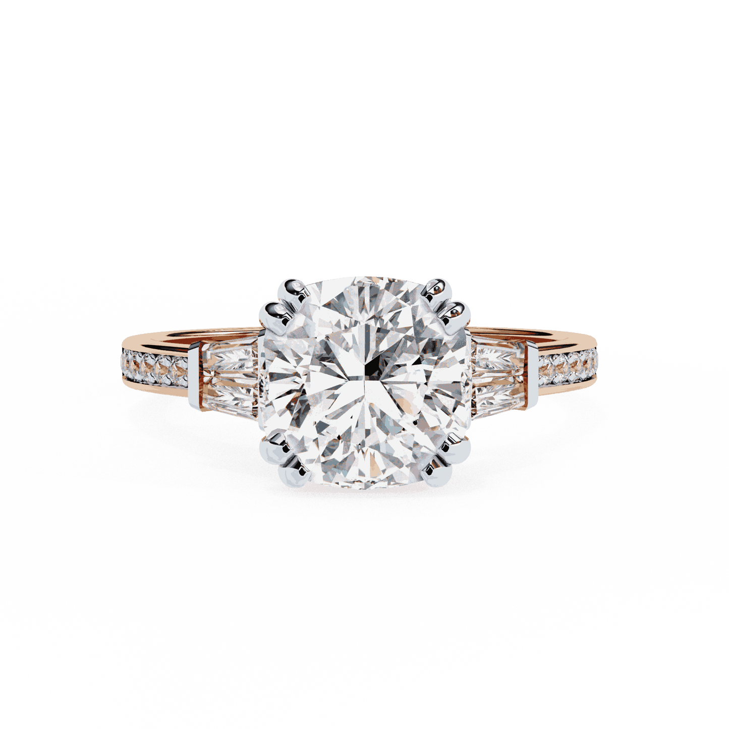 Cushion Cut Lab Grown Diamond Three Stone Engagement Ring with Tapered Baguette Sides