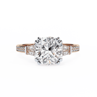 Cushion Cut Lab Grown Diamond Three Stone Engagement Ring with Tapered Baguette Sides