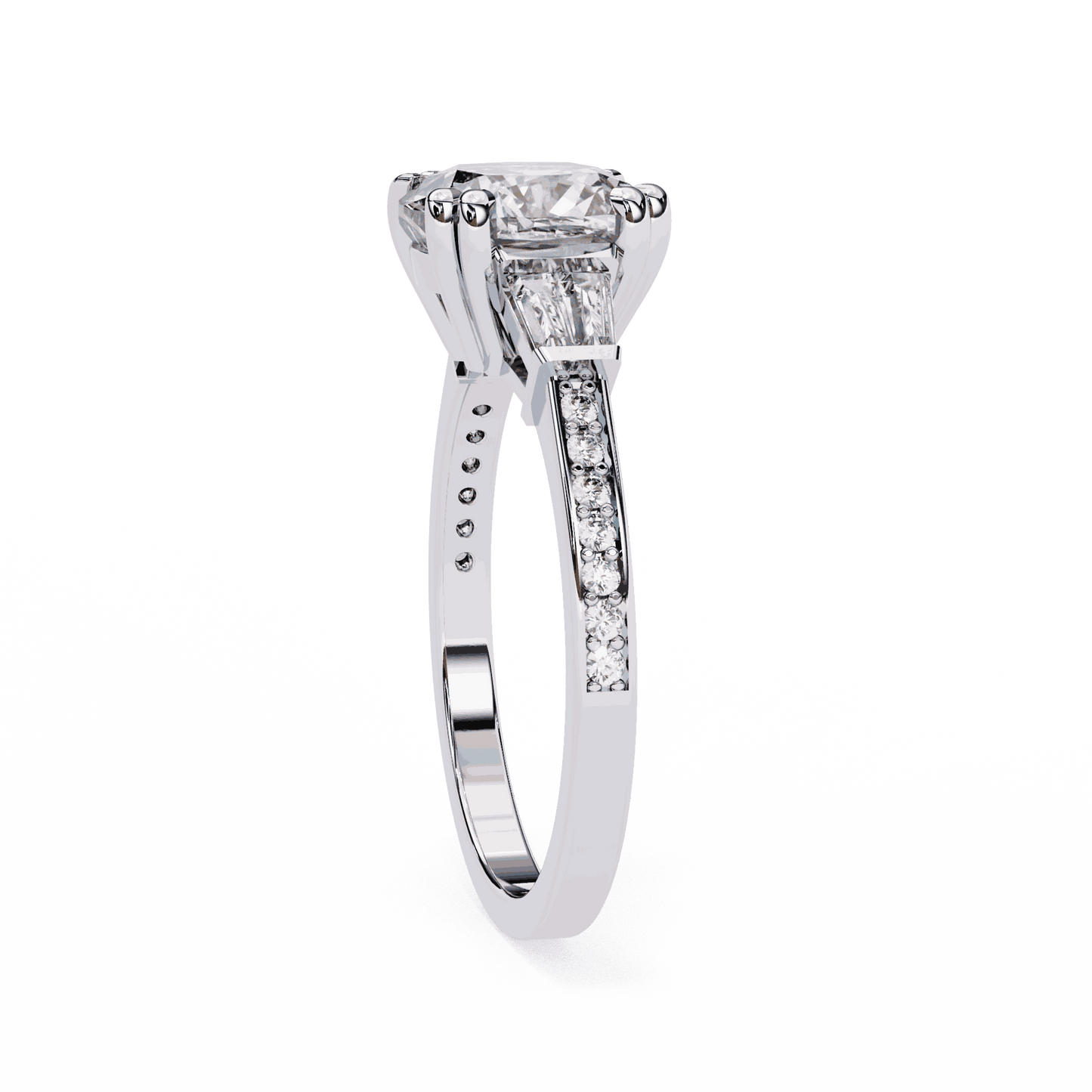 Cushion Cut Lab Grown Diamond Three Stone Engagement Ring with Tapered Baguette Sides