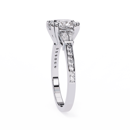 Cushion Cut Lab Grown Diamond Three Stone Engagement Ring with Tapered Baguette Sides