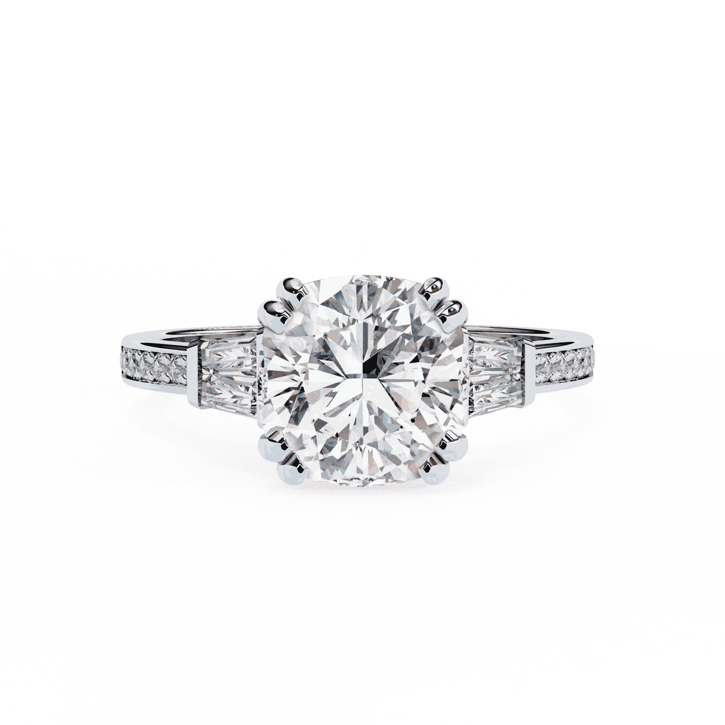 Cushion Cut Lab Grown Diamond Three Stone Engagement Ring with Tapered Baguette Sides