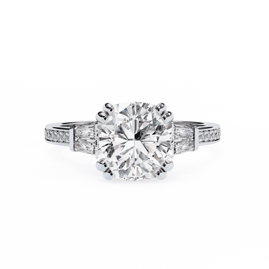 Cushion Cut Lab Grown Diamond Three Stone Engagement Ring with Tapered Baguette Sides