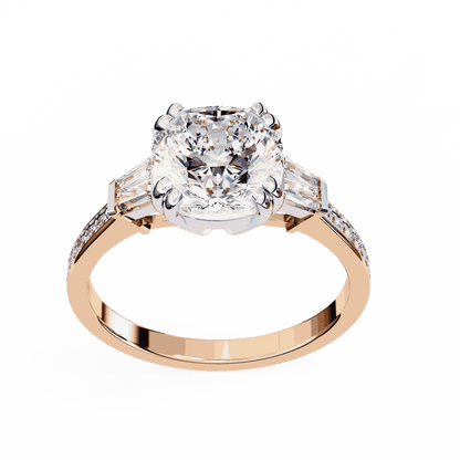 Cushion Cut Lab Grown Diamond Three Stone Engagement Ring with Tapered Baguette Sides