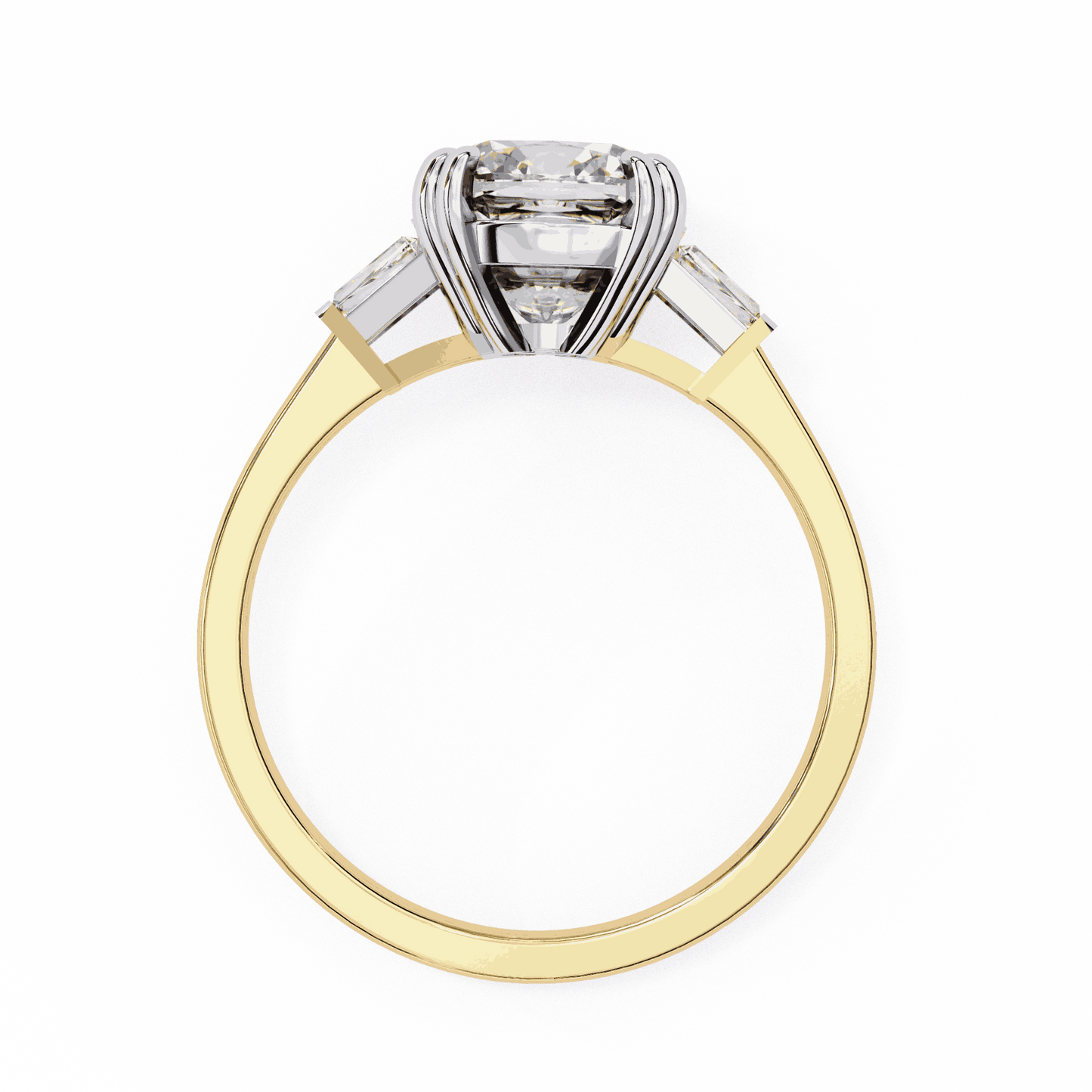 Cushion Cut Lab Grown Diamond Three Stone Engagement Ring with Tapered Baguette Sides