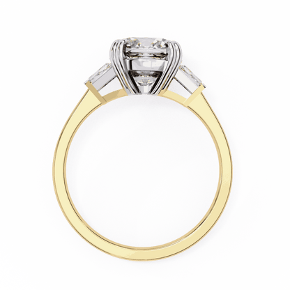 Cushion Cut Lab Grown Diamond Three Stone Engagement Ring with Tapered Baguette Sides