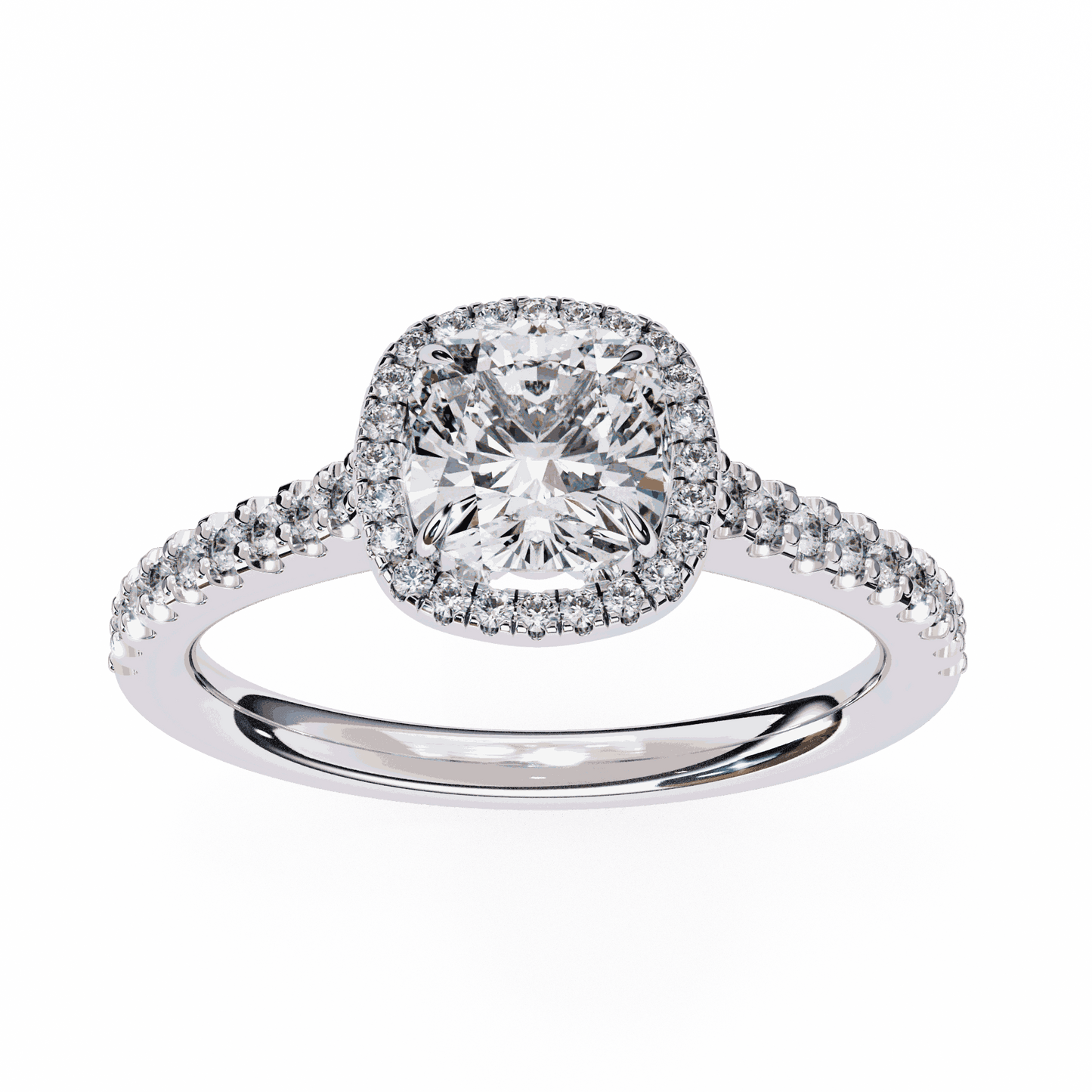 Cushion Cut Lab Grown Diamond Halo Engagement Ring with Pavé Diamond Band