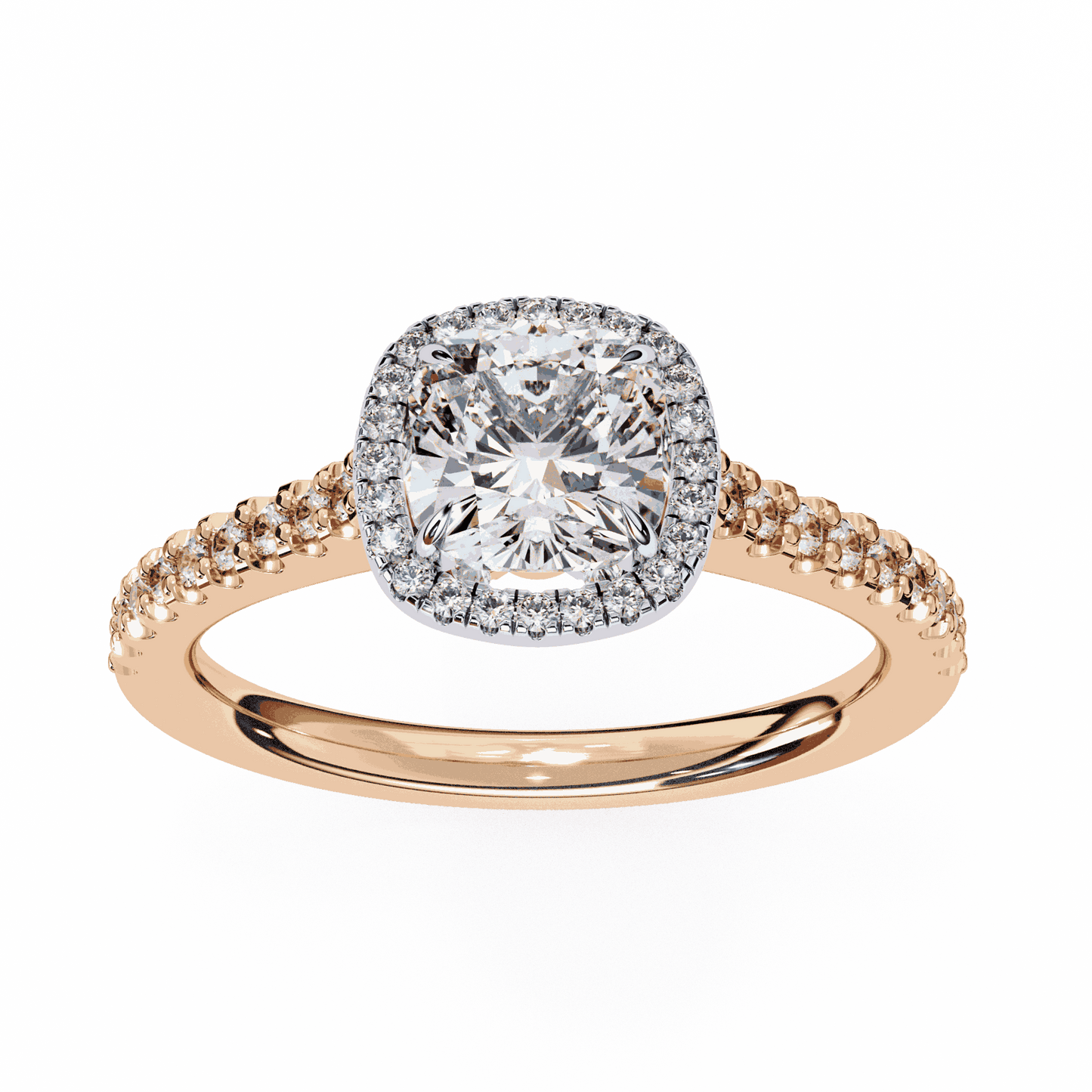 Cushion Cut Lab Grown Diamond Halo Engagement Ring with Pavé Diamond Band