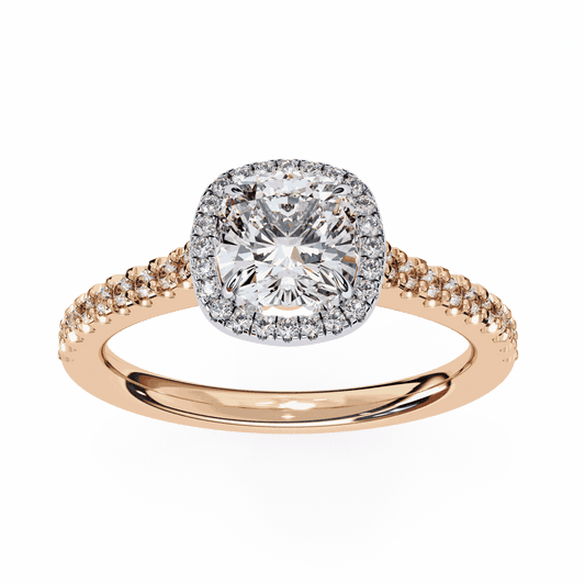 Cushion Cut Lab Grown Diamond Halo Engagement Ring with Pavé Diamond Band