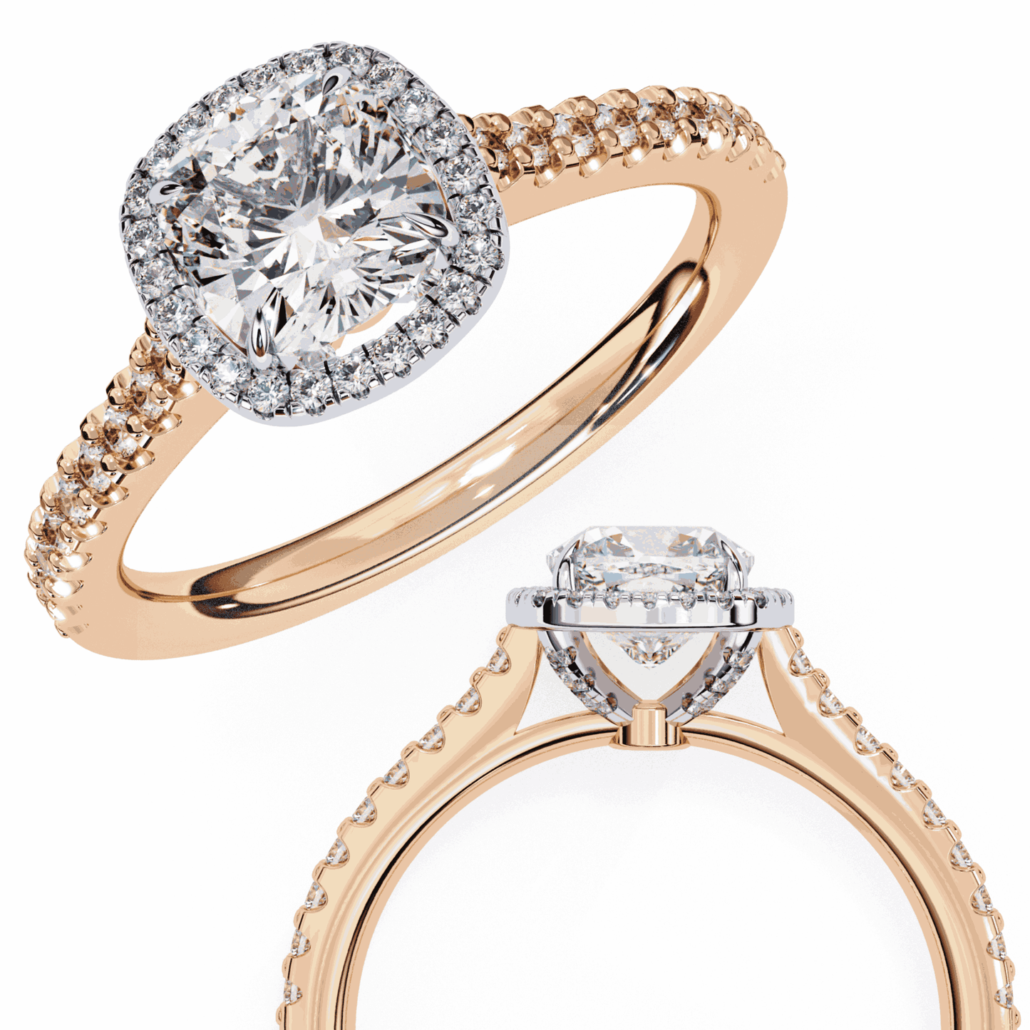 Cushion Cut Lab Grown Diamond Halo Engagement Ring with Pavé Diamond Band
