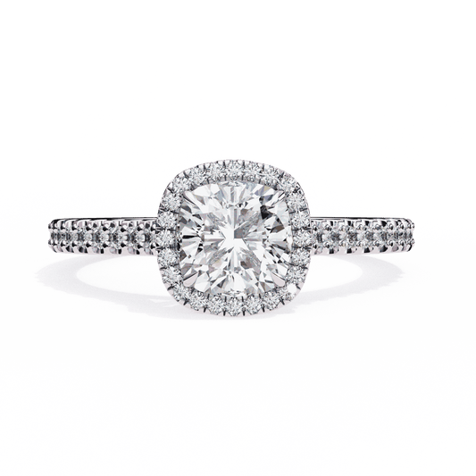 Cushion Cut Lab Grown Diamond Halo Engagement Ring with Pavé Diamond Band