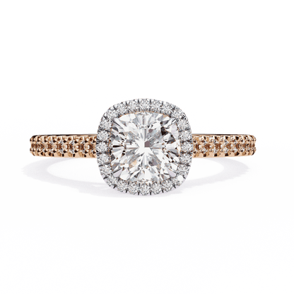 Cushion Cut Lab Grown Diamond Halo Engagement Ring with Pavé Diamond Band