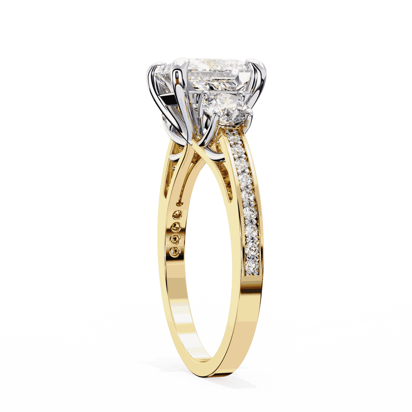 Princess Cut Lab Grown Diamond Three Stone Engagement Ring with Round Sides and Pavé Band