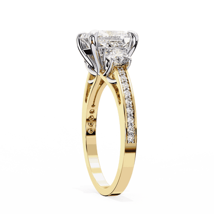 Princess Cut Lab Grown Diamond Three Stone Engagement Ring with Round Sides and Pavé Band